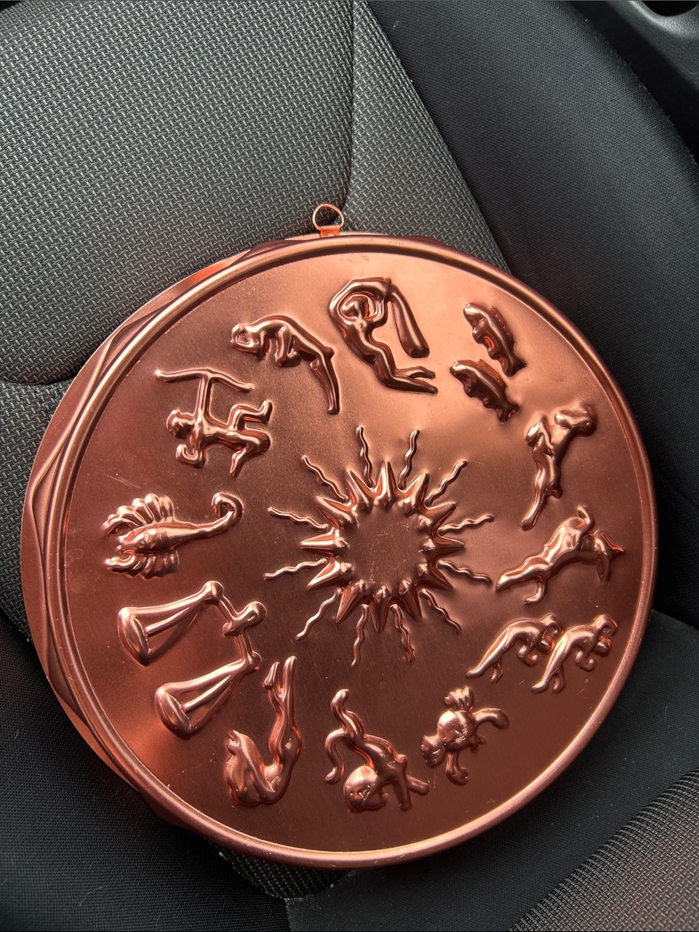 Large round vintage copper gelatin mold fluted sides astrological signs design
